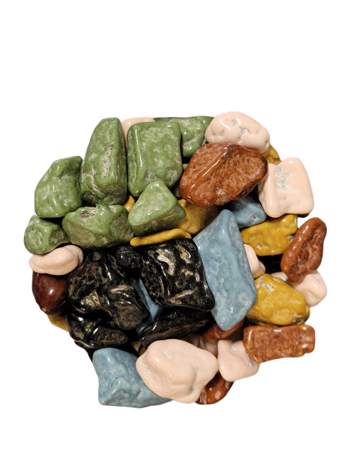 Colorful assortment of polished Choco Rocks stones in various shapes and sizes