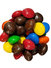 Colorful glossy M&Ms Peanut Butter chocolate-covered almonds in red, yellow, blue, green, orange, and brown