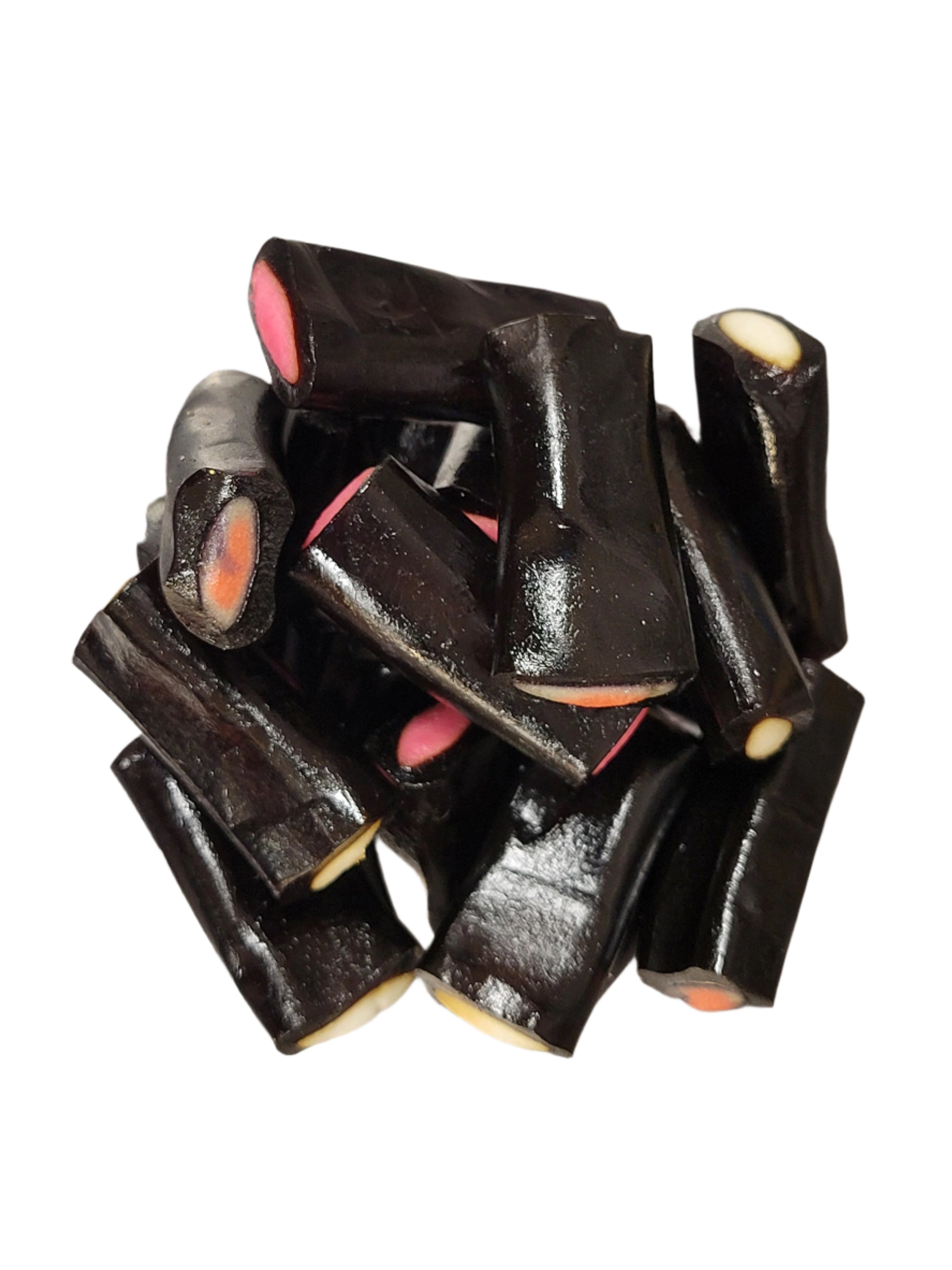 Licorice Rockies: black sticks with pink and orange centers
