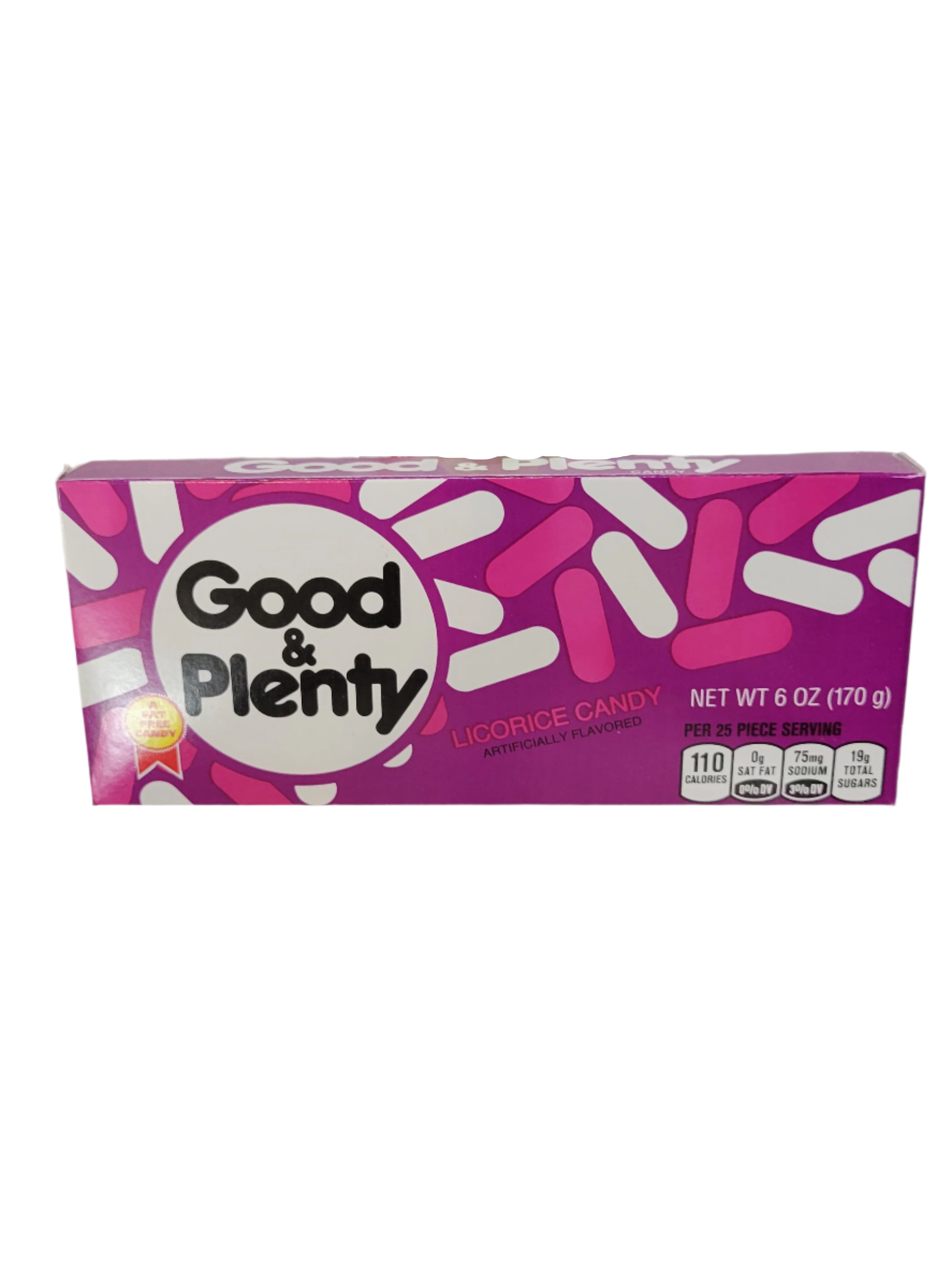 Vibrant pink and white Good & Plenty theater box with playful candy graphics