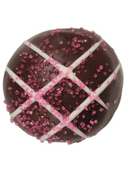 Pink Champagne Truffle 1.5oz: glossy dark chocolate with diamond icing and pink crystals