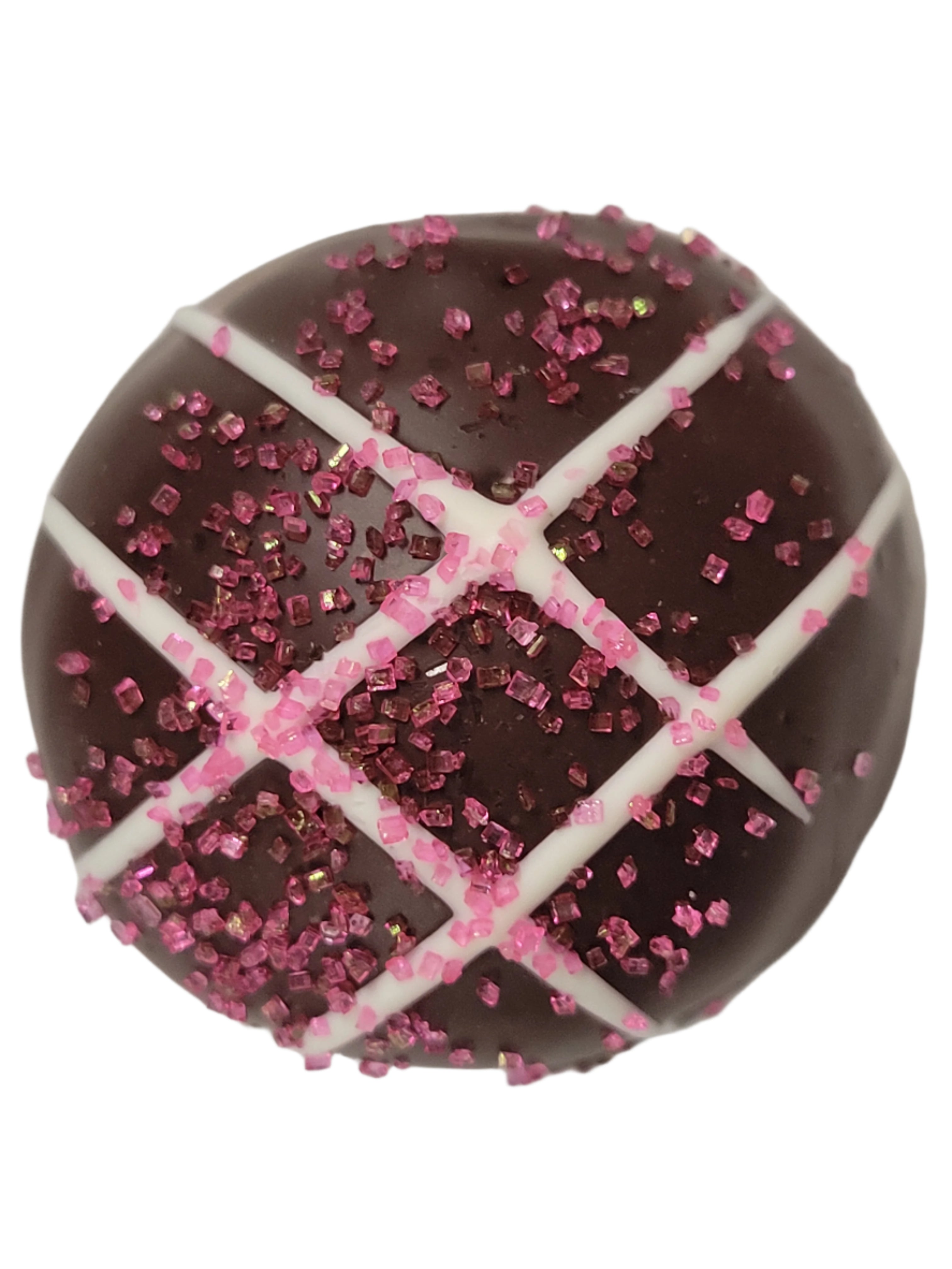 Pink Champagne Truffle 1.5oz: glossy dark chocolate with diamond icing and pink crystals