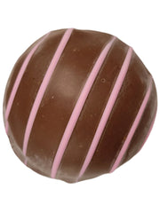 Raspberry Cream Truffle 1.5oz: round dark chocolate with pink stripes