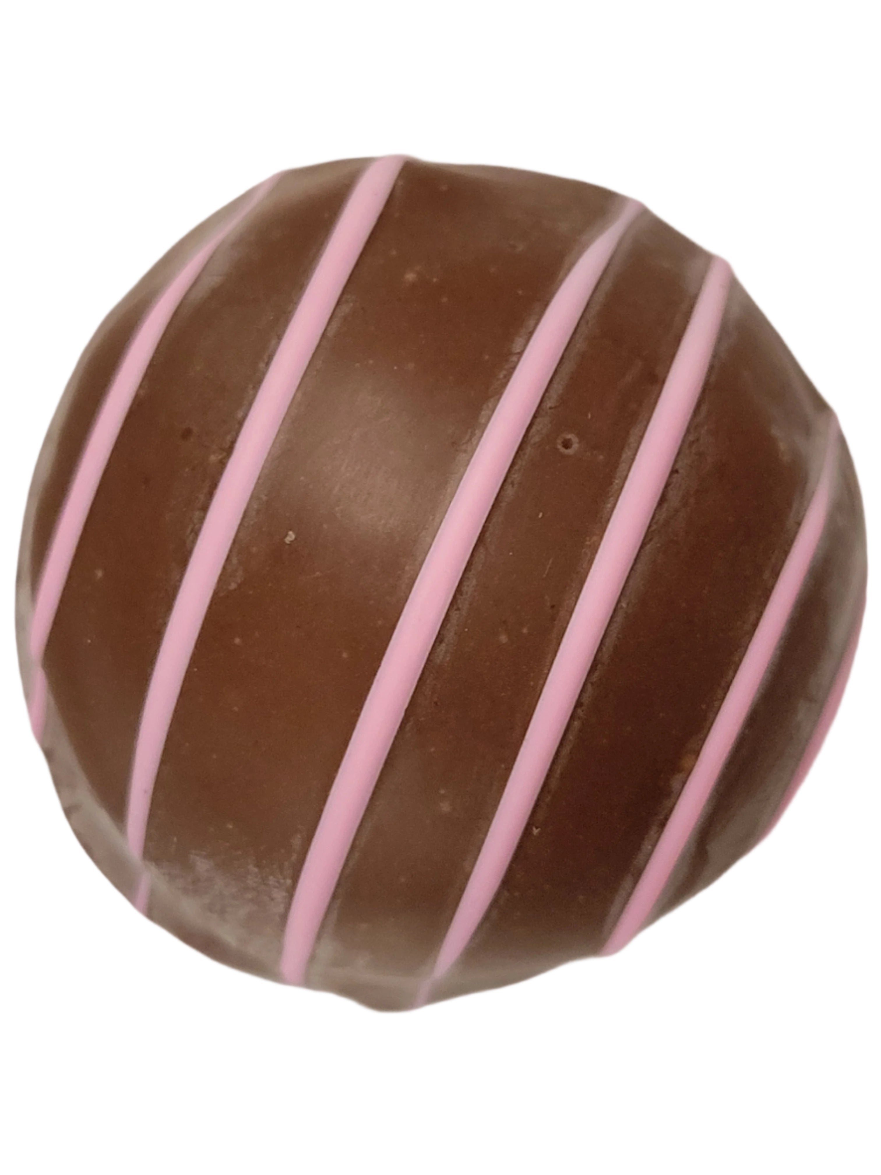 Raspberry Cream Truffle 1.5oz: round dark chocolate with pink stripes