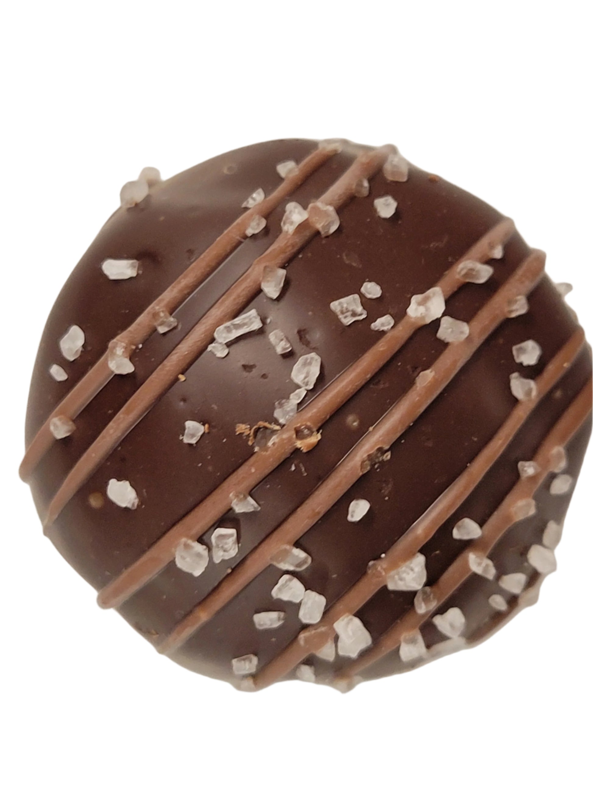 Sea Salt Bittersweet Cream Truffle: dark chocolate round with drizzle and salt crystals