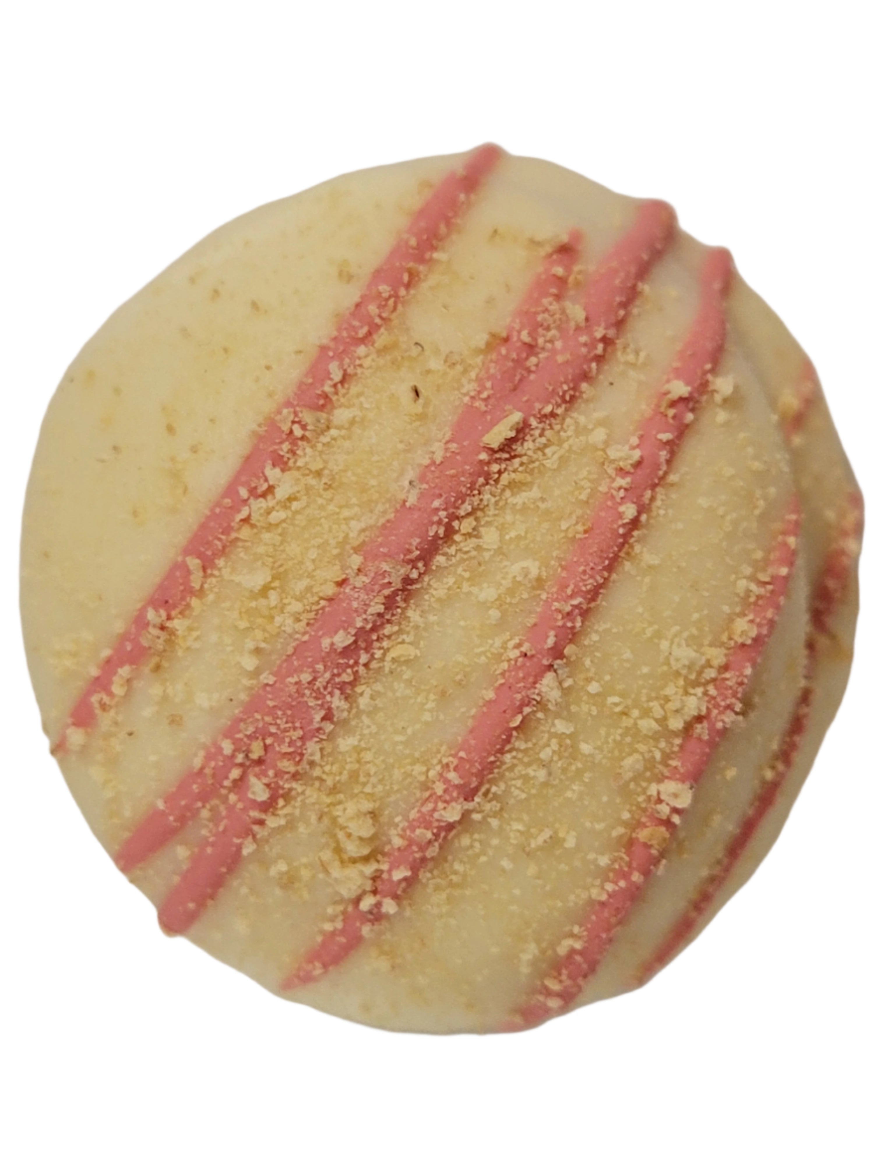 Strawberry Cheesecake Truffle 1.5oz cookie with pink icing stripes and golden crumbs