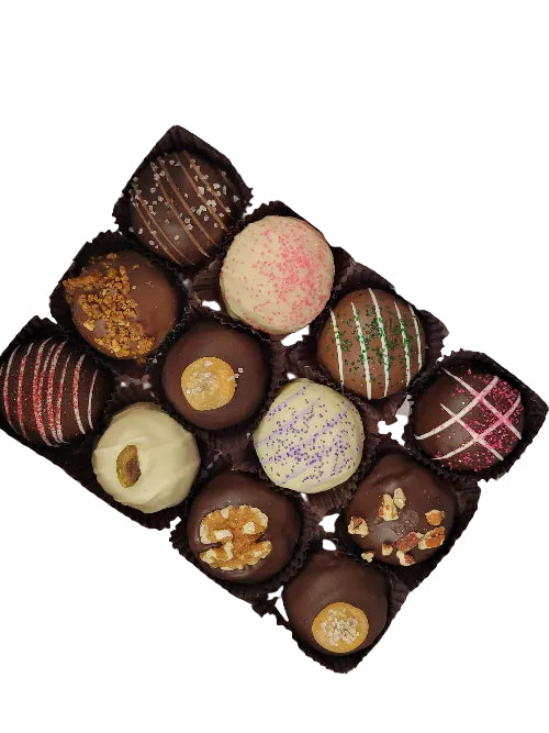 Truffle 12PK: Assorted glossy chocolate truffles with nuts, gold leaf
