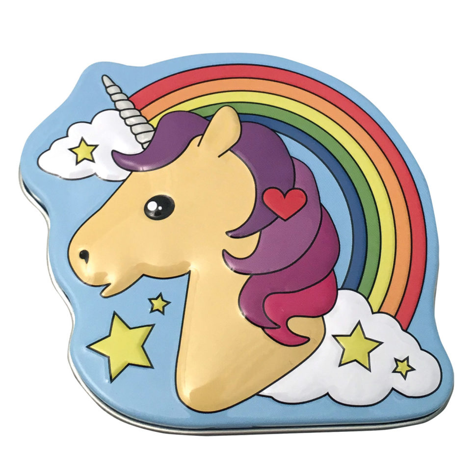 Colorful cartoon unicorn tin with rainbow stars design Unicorn Pretty Sweet Tin