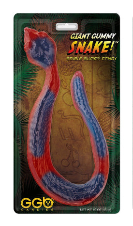 Vibrant red and blue Giant Gummy Snake candy in package