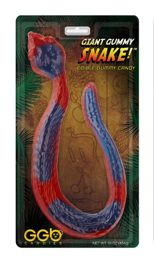 Vibrant red and blue Giant Gummy Snake candy in package