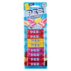 PEZ Refill 8 Pack Blister with colorful rectangular candies in red, yellow, pink, purple