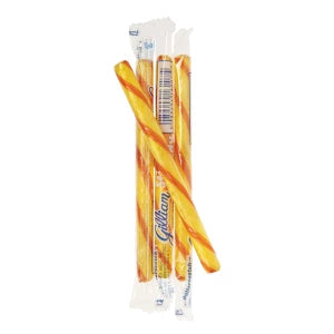 Golden butterscotch caramel swirl candy sticks in clear packaging