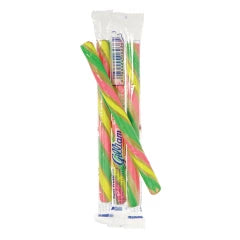 Colorful twisted Tutti Frutti candy stick in clear plastic wrapper