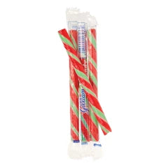 Red and white striped watermelon candy sticks in clear plastic packaging