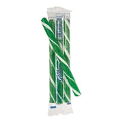 Green and white striped green apple candy canes in clear wrapper