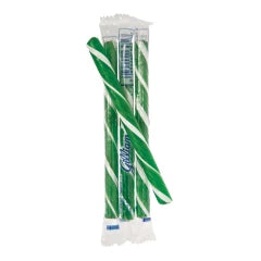 Green and white striped green apple candy canes in clear wrapper