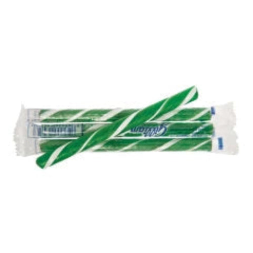 Green and white striped green apple candy canes in clear wrapper