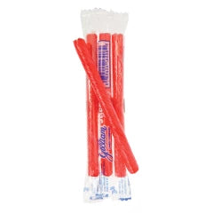 Red cherry licorice sticks in clear wrappers with blue and white branding