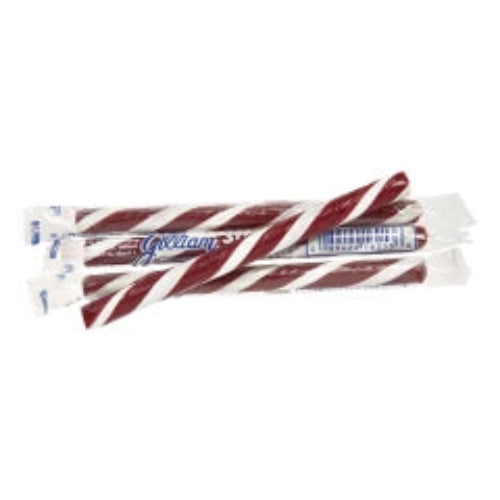 Snickers branded red white striped candy canes wrapped in clear plastic, grape flavor