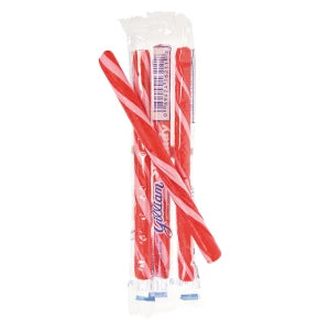 Red and white striped cinnamon candy sticks in clear plastic wrappers