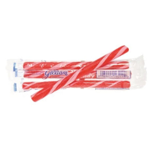 Red and white striped cinnamon candy sticks in clear plastic wrappers
