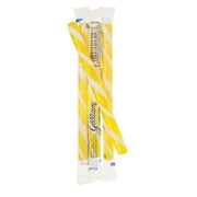 Yellow and white striped lemon candy sticks in clear plastic wrapper