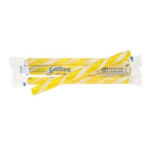 Yellow and white striped lemon candy sticks in clear plastic wrapper