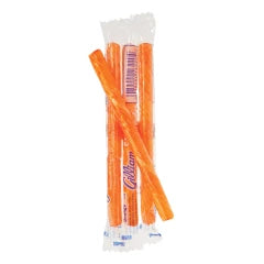 Orange candy sticks in clear plastic package with white and pink branding