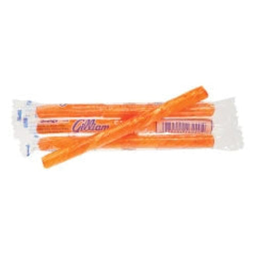 Orange candy sticks in clear plastic package with white and pink branding