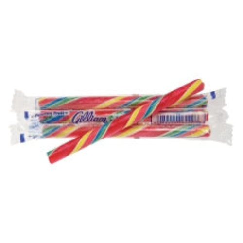 Patriotic passion fruit candy cane sticks in red, white, and blue stripes, wrapped in clear plastic