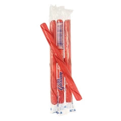 Red twisted raspberry candy sticks in clear plastic packaging