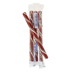 Individually wrapped rootbeer candy cane sticks with red and white stripes