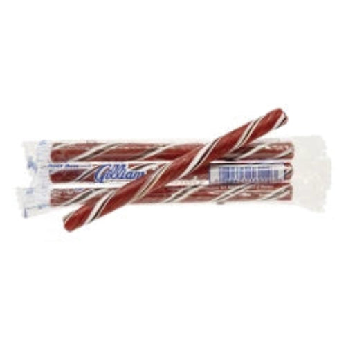 Individually wrapped rootbeer candy cane sticks with red and white stripes