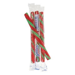 Candy Stick Strawberry: red and green striped candy cane sticks in wrappers