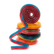 Vibrant twisted 2-Faced Licorice Wheels in multicolored glossy chewy texture