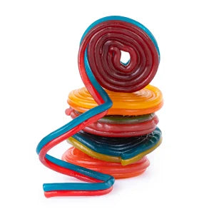 Vibrant twisted 2-Faced Licorice Wheels in multicolored glossy chewy texture