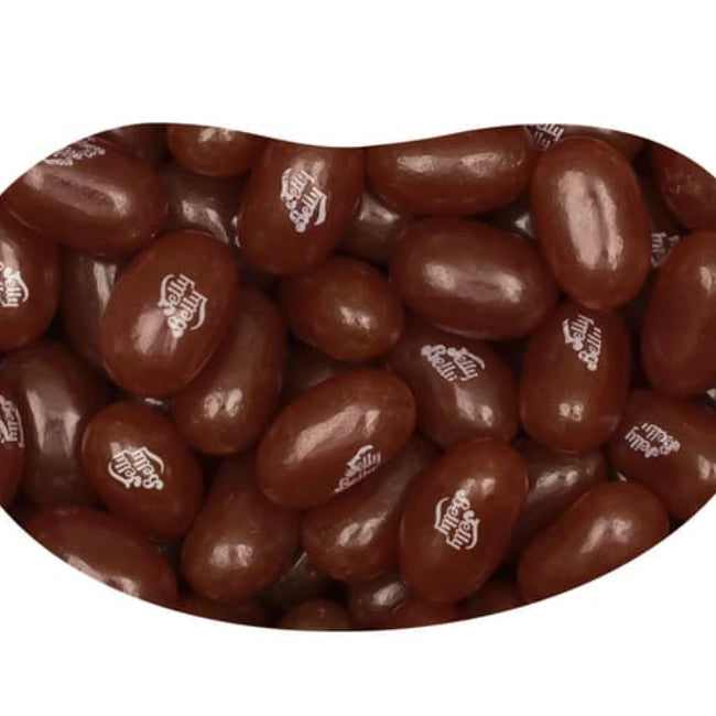 Jelly Belly A&W Root Beer chocolate jelly beans with glossy finish and logo