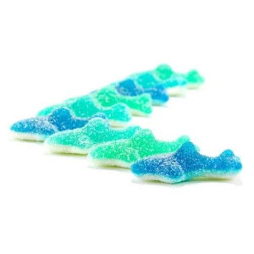 Sour Sharks Gummies: blue and green gummy sharks with sugary translucent texture