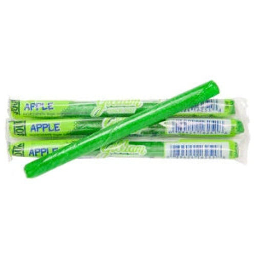 Green apple-flavored sour candy sticks in clear wrappers