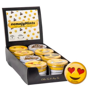 Yellow and silver emoji-themed mints in black display box