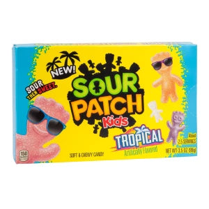 Sour Patch Kids Tropical Theater Box with vibrant candy colors and cartoon characters in sunglasses