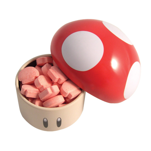 Super Mario Bros Mushroom Tin with red white candy box and black eyes