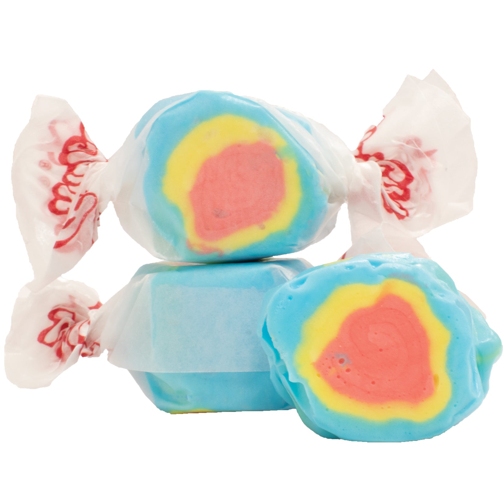 Taffy Fruity Cereal: blue, yellow, pink layered taffy in clear cellophane with red branding