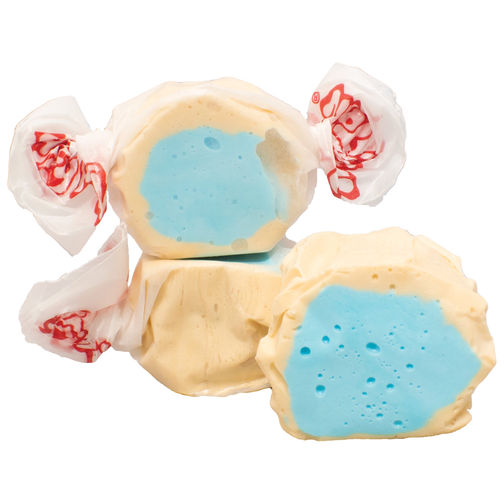 Taffy Sugar Cookie: blue and cream taffy candies in white paper with red branding