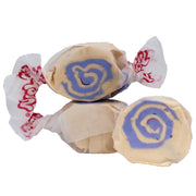 Taffy PB&J: blue and white swirl taffy in clear cellophane with red branding