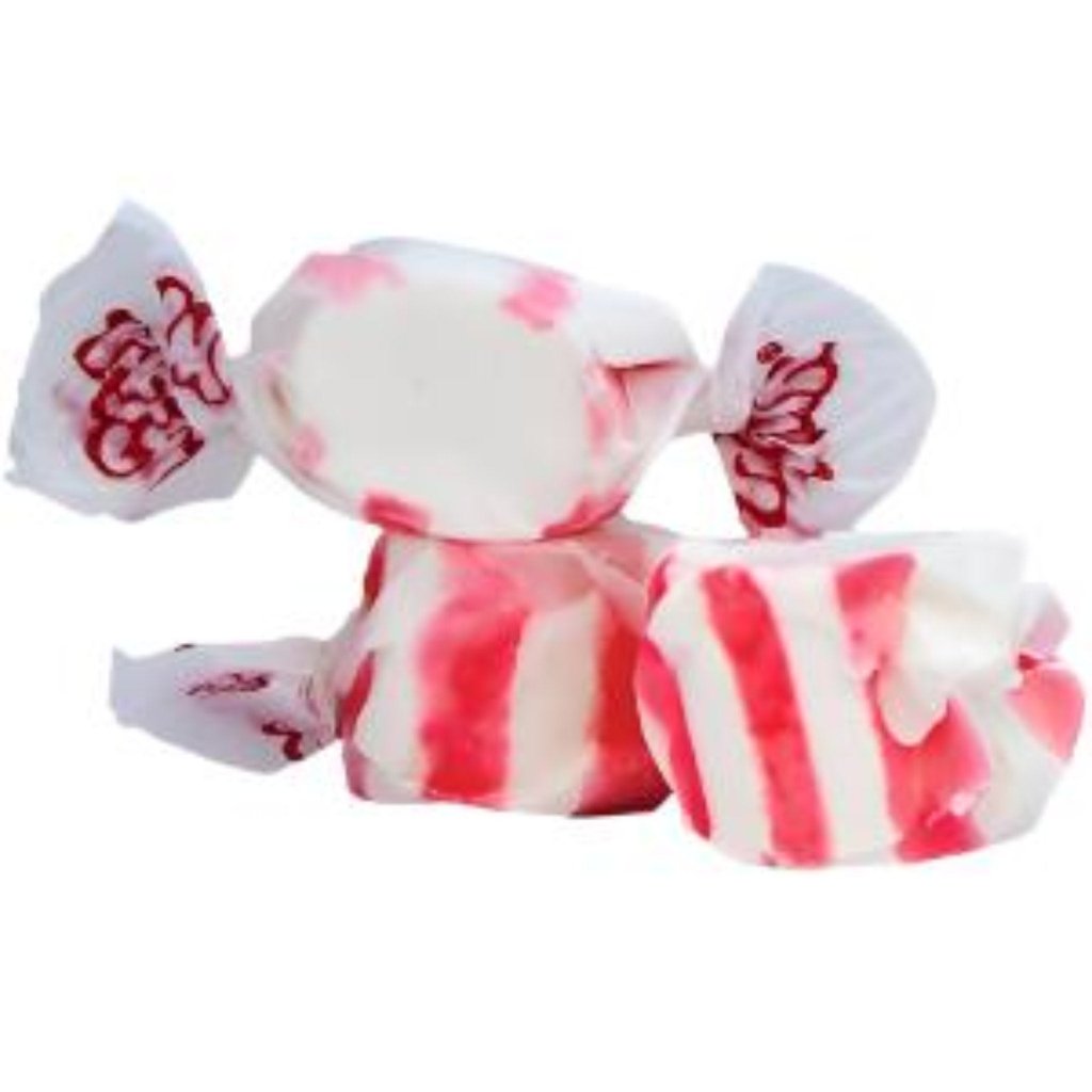 Red and white striped Taffy Peppermint candies in glossy paper with red logo