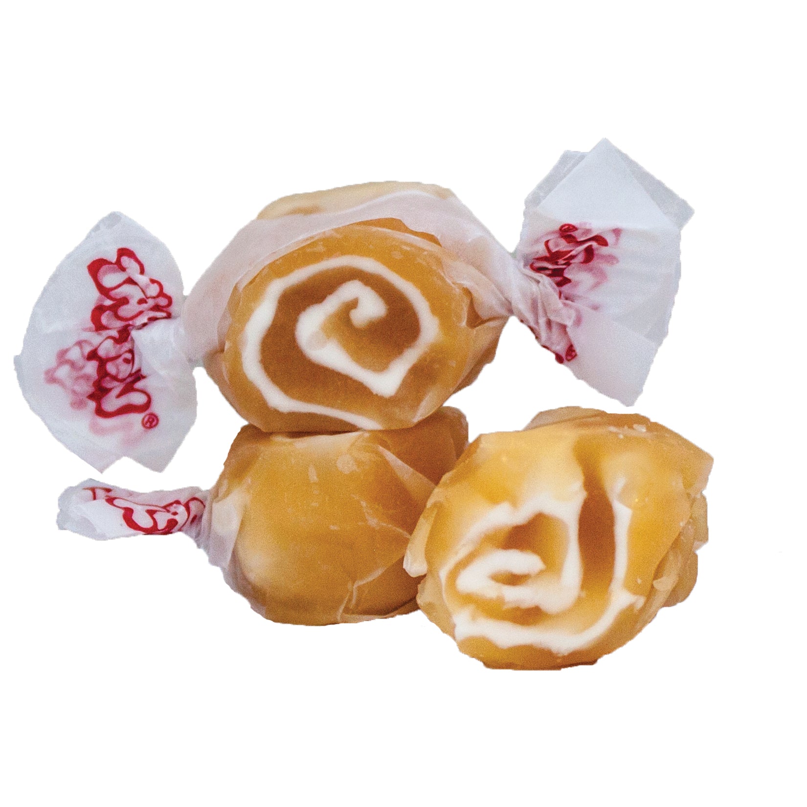 Taffy Caramel Swirl: golden caramel and white cream swirl candies in white paper with red branding