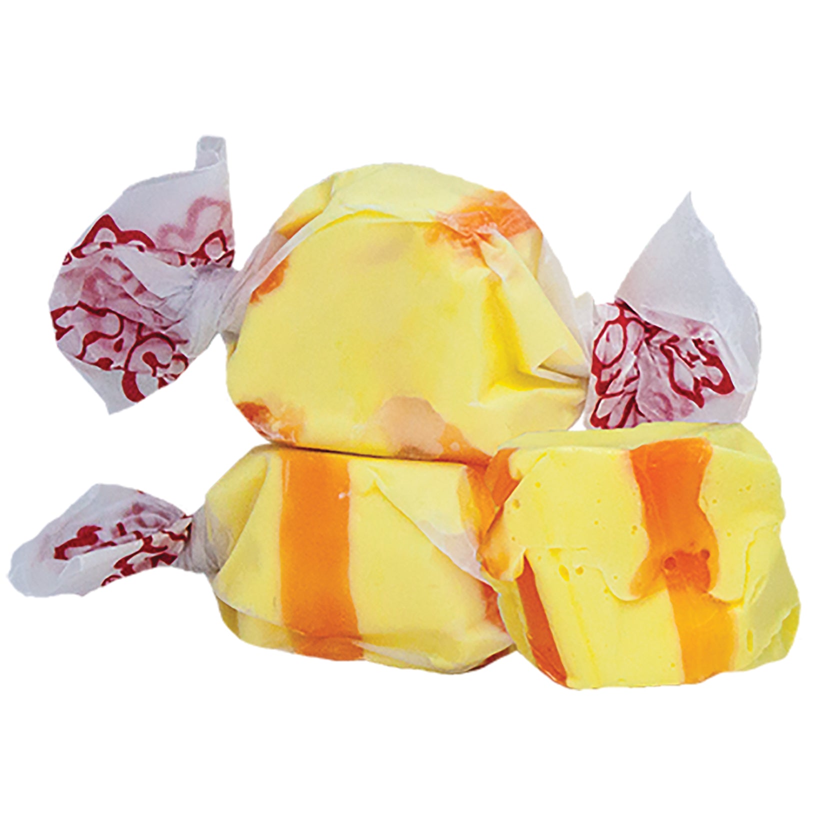 Taffy Banana: Yellow and orange striped taffy in white paper with red florals