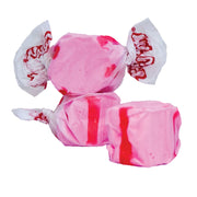 Pink and red striped Taffy Cherry taffy in white paper with red logo