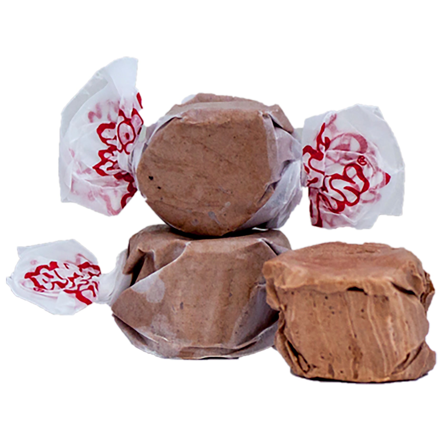 Taffy Chocolate: wrapped chocolate taffy candies in white paper with red branding